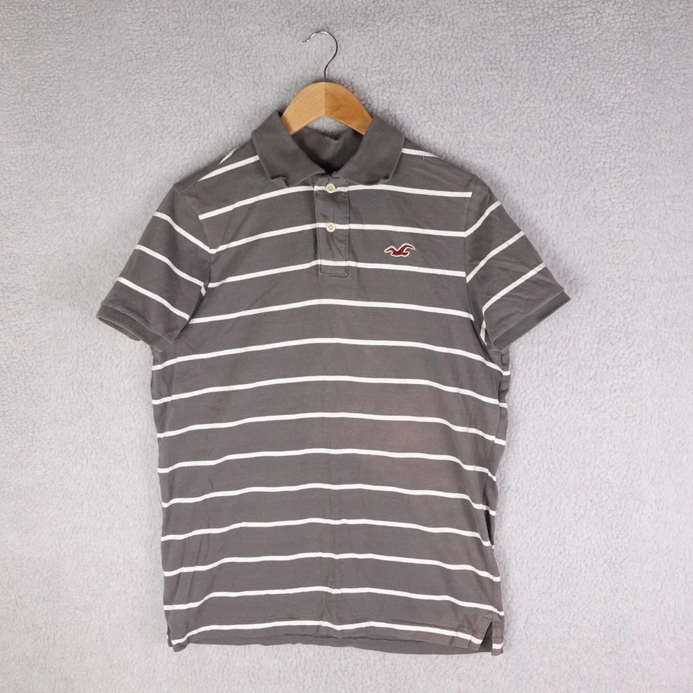 Hollister Mens XL Grey White Striped Short Sleeve Cotton Polo Shirt Logo 6271